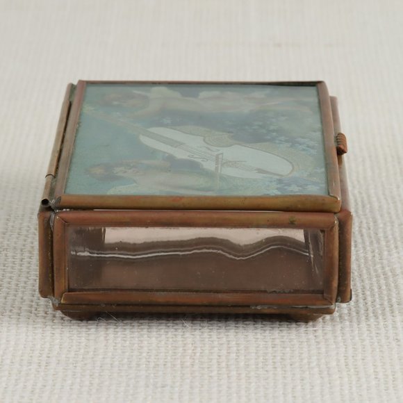 Vintage Cupid Angel Glass Brass Jewelry Trinket Box - Picture 5 of 7